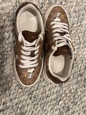 Coach Kids Brown Signature Canvas Sneakers with Snoopy